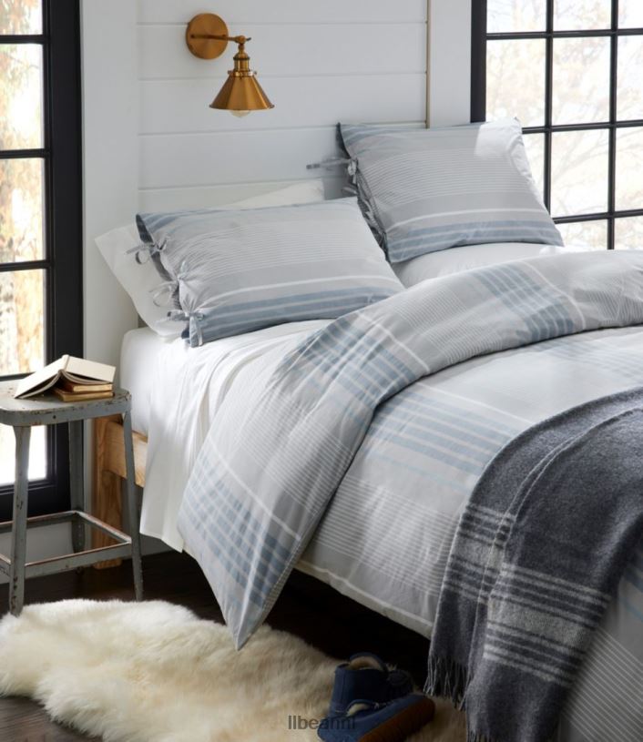 L.L.Bean unisex collectie streep biologisch katoenen dekbedovertrek grijs beddengoed VT0642764