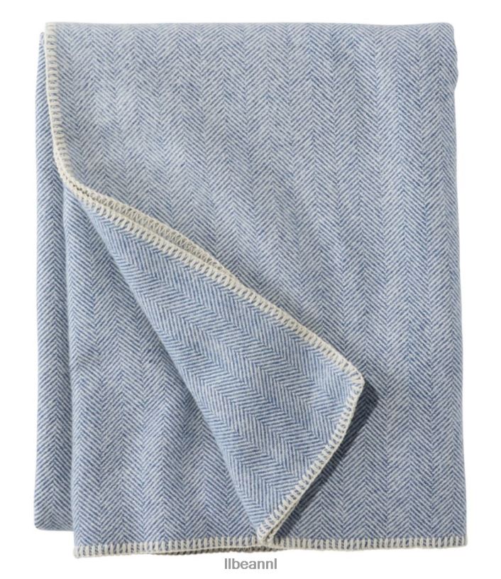 L.L.Bean unisex wasbare wollen deken visgraat blauw/crème beddengoed VT0644378