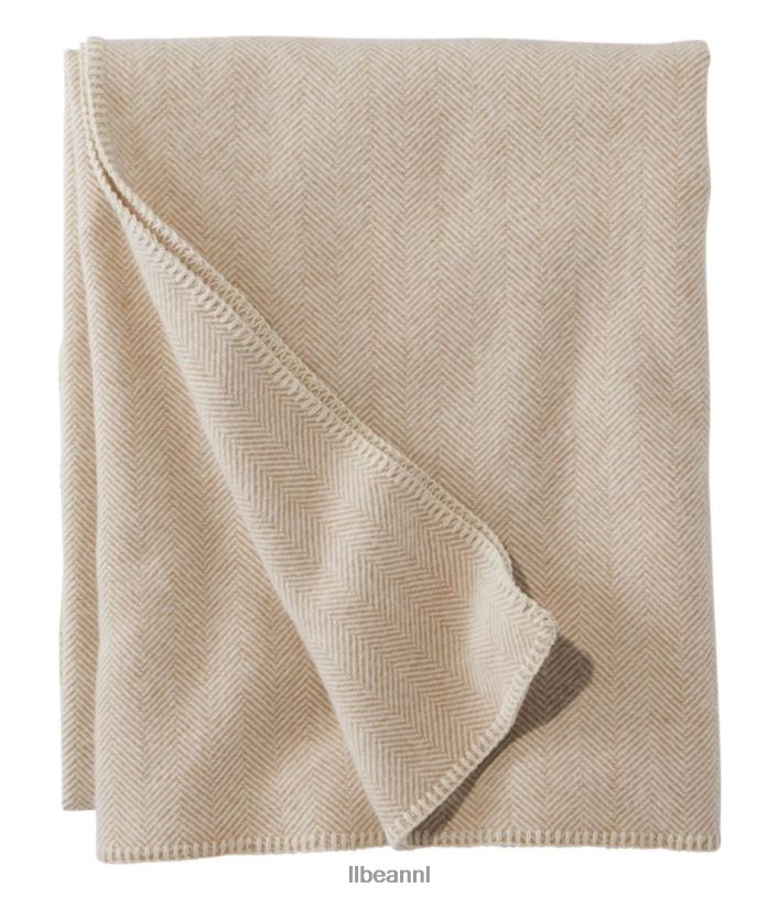 L.L.Bean unisex wasbare wollen deken visgraat kameel/crème beddengoed VT0645545