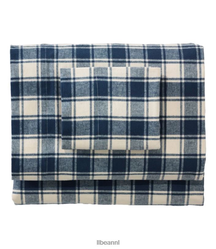 L.L.Bean unisex ultrazachte comfort flanellen lakenset geruit marineblauw/natuur beddengoed VT0646295