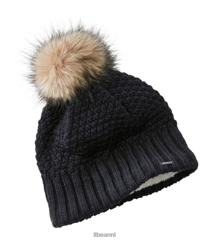 L.L.Bean vrouwen slechte, gezellige gebreide pomponmuts zwart accessoires VT064793