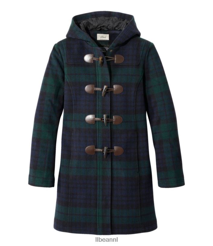 L.L.Bean vrouwen klassieke duffelcoat van lamswol zwarte horloge-tartan bovenkleding VT064928
