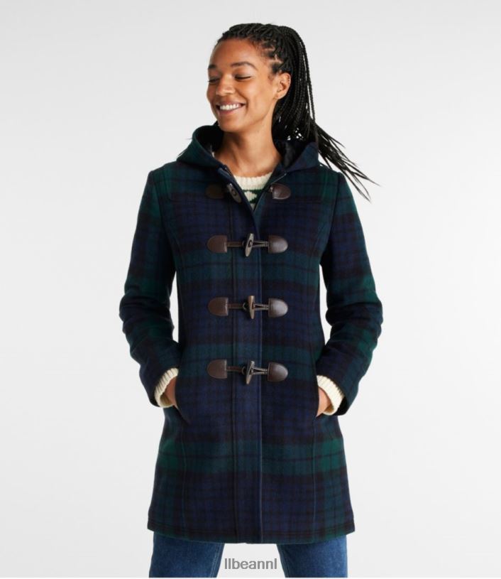 L.L.Bean vrouwen klassieke duffelcoat van lamswol zwarte horloge-tartan bovenkleding VT064928