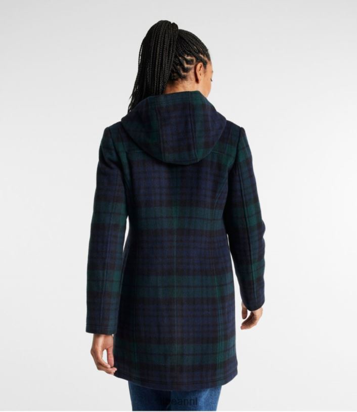 L.L.Bean vrouwen klassieke duffelcoat van lamswol zwarte horloge-tartan bovenkleding VT064928