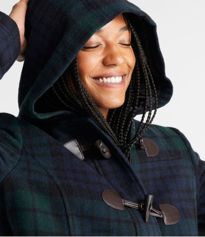 L.L.Bean vrouwen klassieke duffelcoat van lamswol zwarte horloge-tartan bovenkleding VT064928
