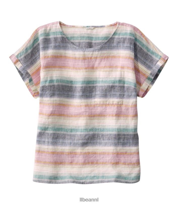 L.L.Bean vrouwen premium wasbaar linnen overhemd helder marineblauw met meerdere strepen kleding VT0644648