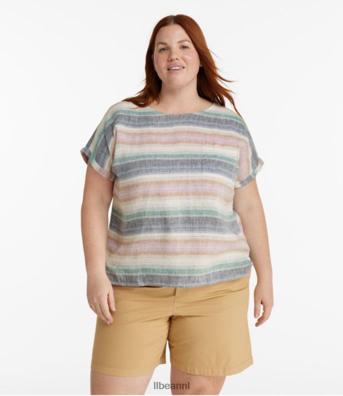 L.L.Bean vrouwen premium wasbaar linnen overhemd maanlichtblauwe streep kleding VT0643010