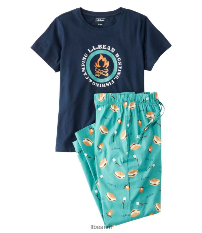 L.L.Bean vrouwen comfort stretch slaap pyjama set blauw groen kleding VT0647294