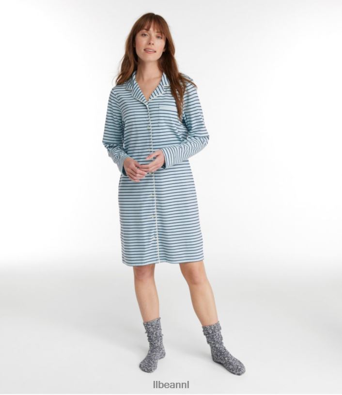 L.L.Bean vrouwen superzacht, krimpvrij nachthemd met knoopsluiting Sterling blauw/donker indigo streep kleding VT064127