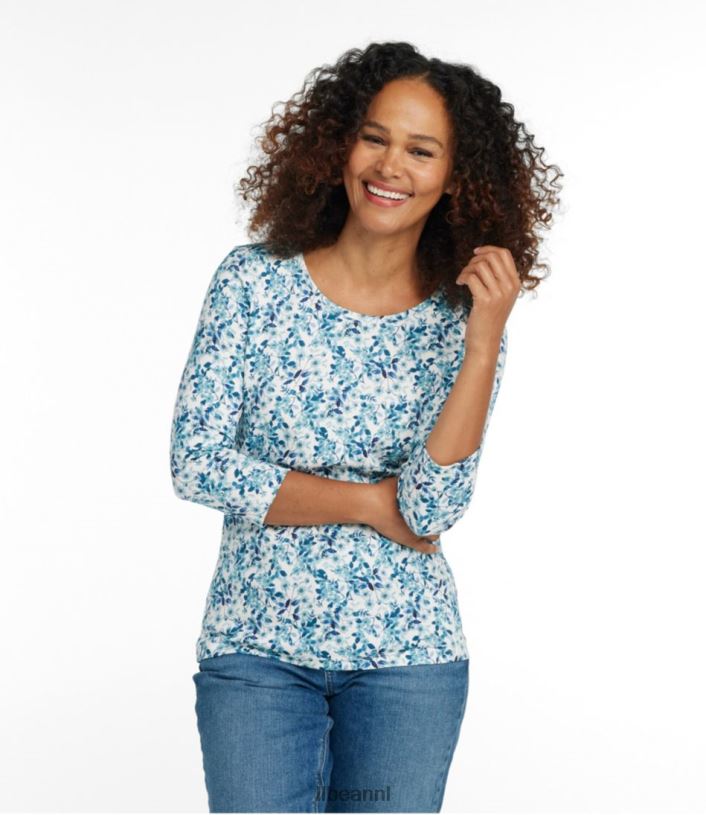 L.L.Bean vrouwen Pima katoenen T-shirt met juwelenhals zeezout aquarel bloemen kleding VT0645770