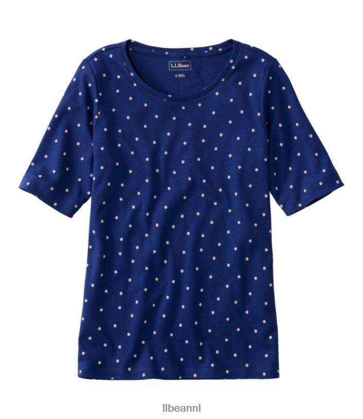 L.L.Bean vrouwen T-shirt met juwelenhals alpine blauwe medaillon stip kleding VT06485