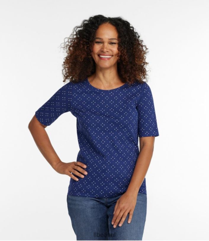 L.L.Bean vrouwen T-shirt met juwelenhals alpine blauwe medaillon stip kleding VT06485