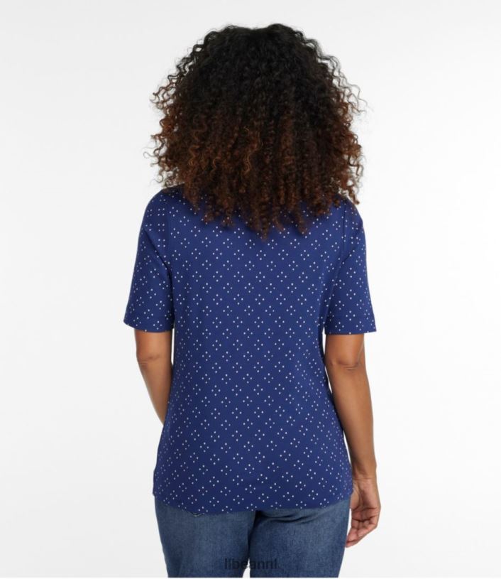 L.L.Bean vrouwen T-shirt met juwelenhals alpine blauwe medaillon stip kleding VT06485