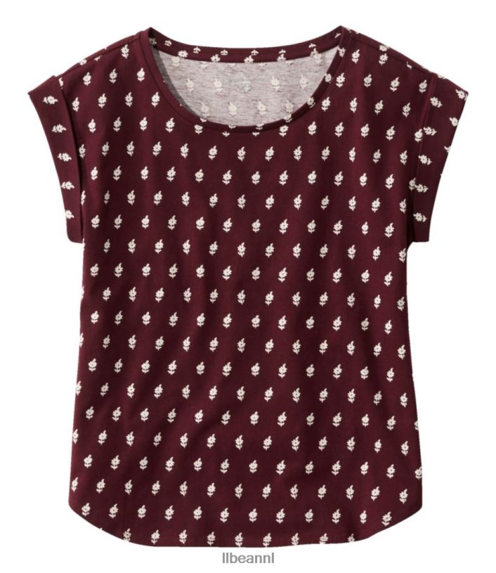 L.L.Bean vrouwen kenmerkend Rangeley katoenen T-shirt bordeaux bloemen kleding VT0644612