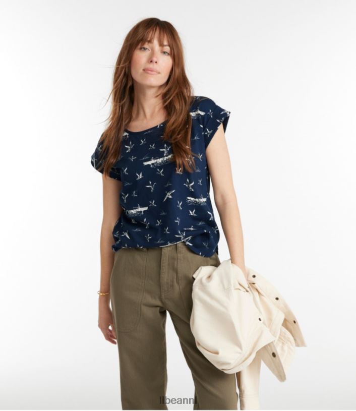 L.L.Bean vrouwen kenmerkend Rangeley katoenen T-shirt bordeaux bloemen kleding VT0644612